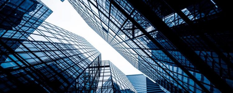 low angle view of skyscrapers in city of China.